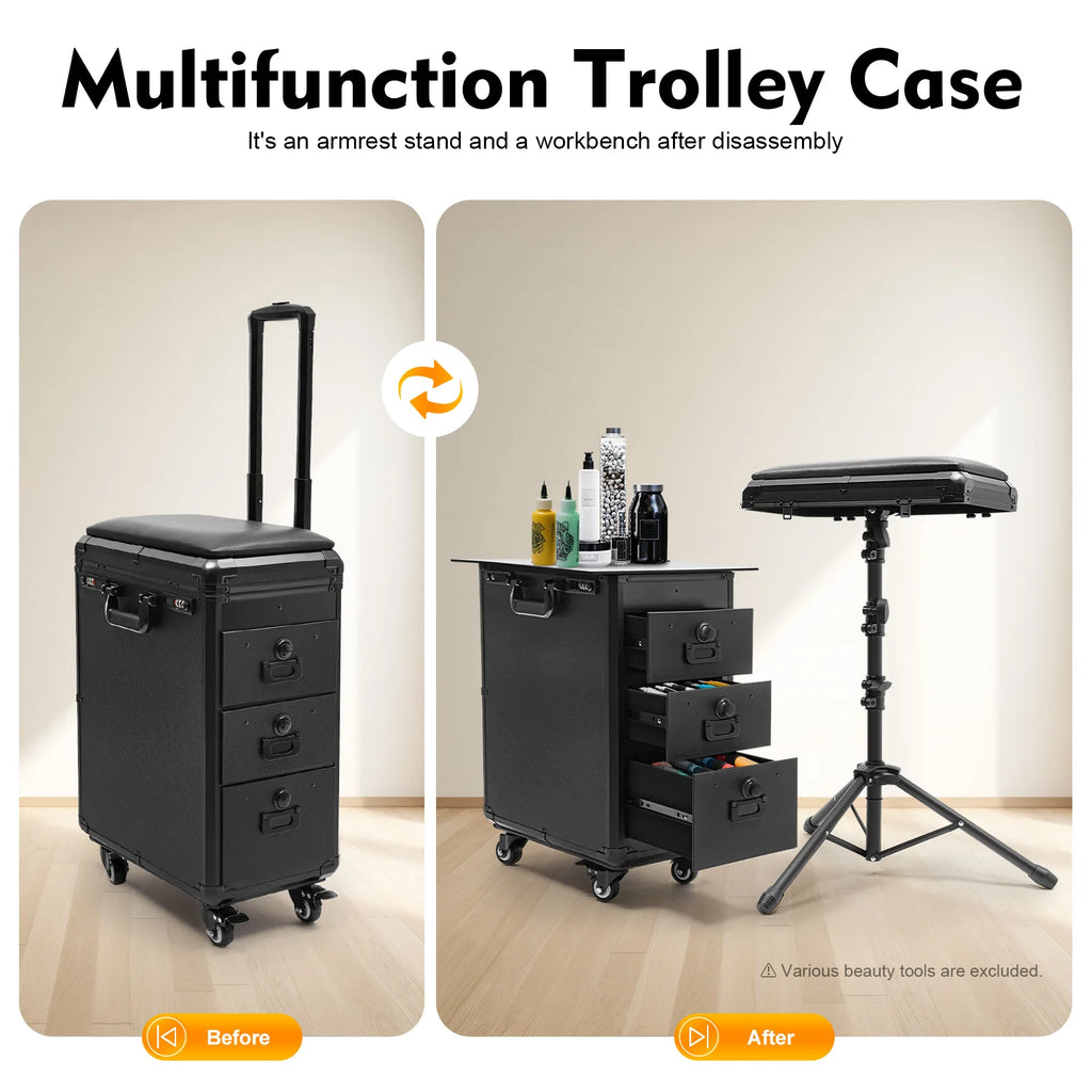 Rolling Makeup Case 3-Drawer Mobile Cosmetic Trolley Mobile Cosmetics Organizer Salon Barber Case Traveling