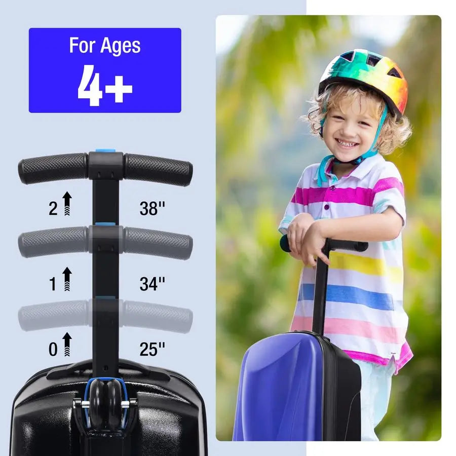 Kids Scooter Suitcase RideOn CarryOn 2in1 Lightweight Hardshell Luggage for Airplane Travel, Foldable Rolling Suitcase for Boys