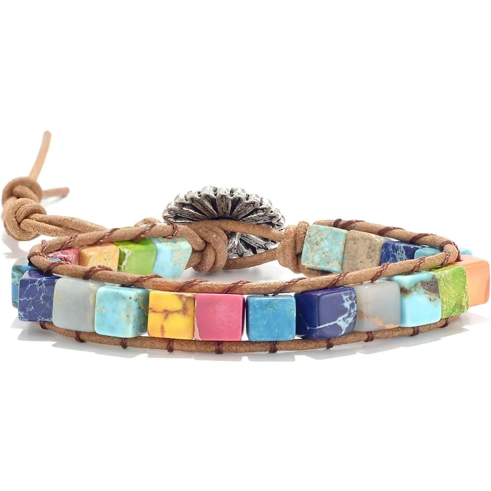 7 Chakra Leather Wrap Bracelet for Women Men with Natural Stone Beads Boho Unisex Jewelry Gift