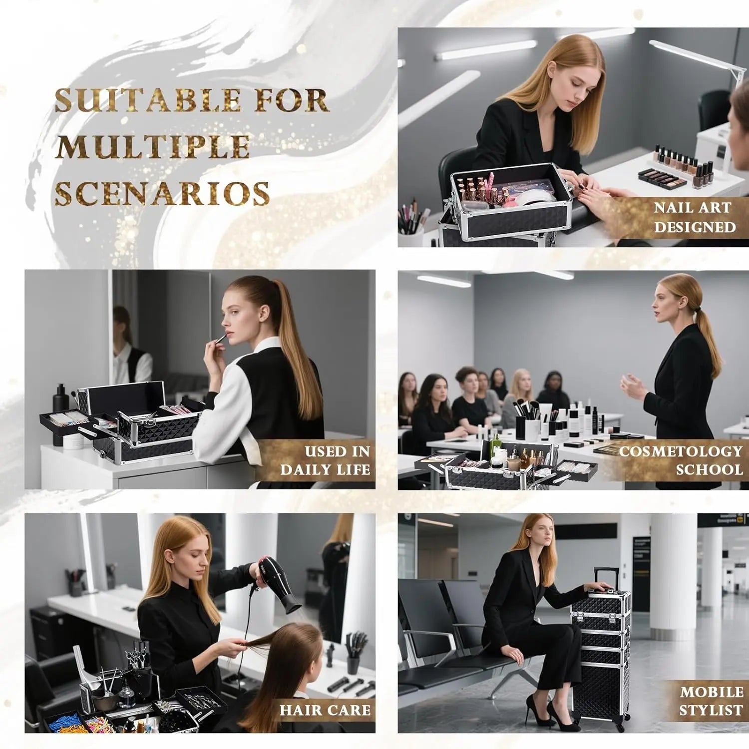 Large Rolling Makeup Case with Swivel Wheels, 4-in-1 Cosmetic Organizer for Travel and Salon Storage