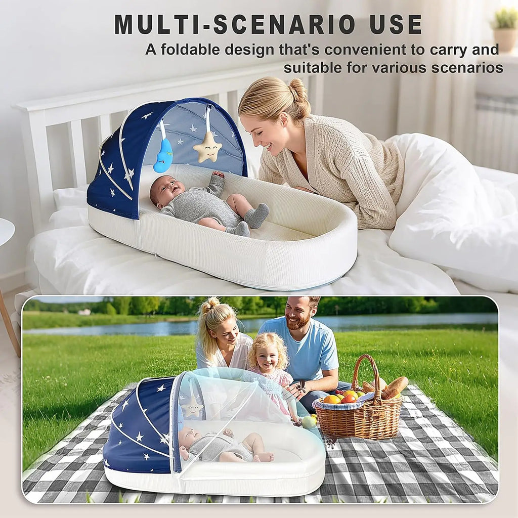Large Portable Baby Lounger with Canopy & Mosquito Net, Lightweight Foldable Bassinet, Washable Cotton Cover, Blue
