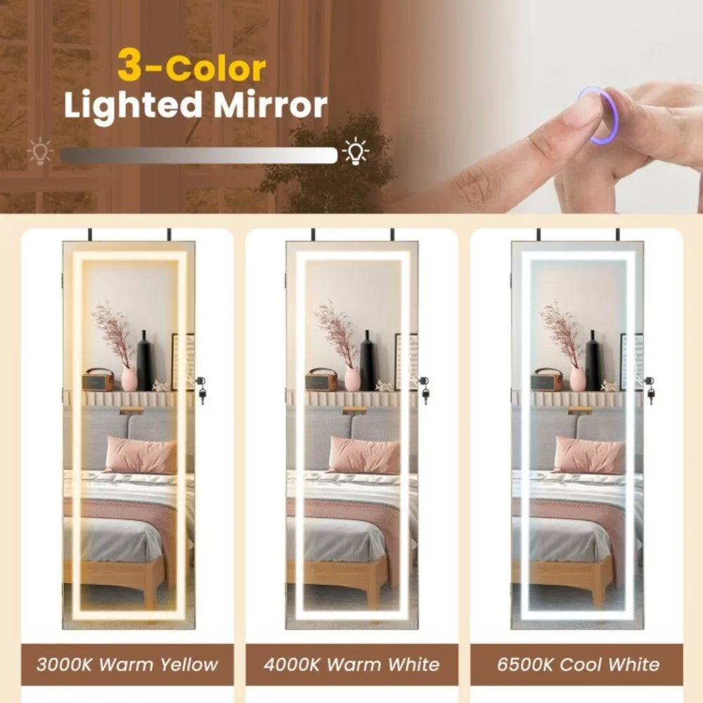 Lockable Jewelry Mirror Cabinet Wall & Door Mounted Jewelry Armoire W/LED Lights