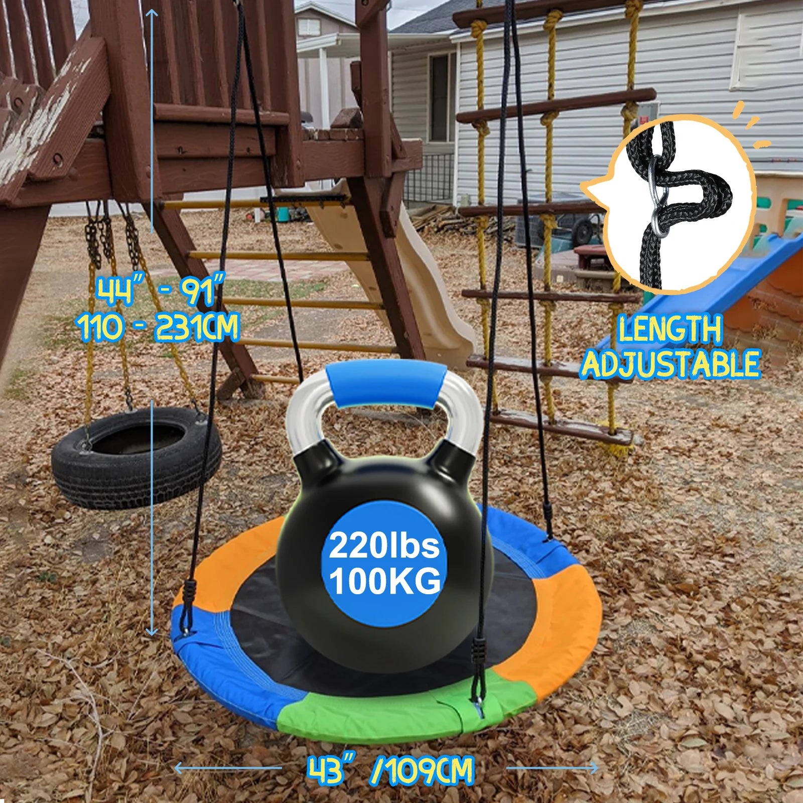 Hishine 43" Saucer Tree Swing for Kids, 360° Rotate Flying Saucer with Swivel, Hanging Straps, Adjustable Ropes, Round Mat Swing
