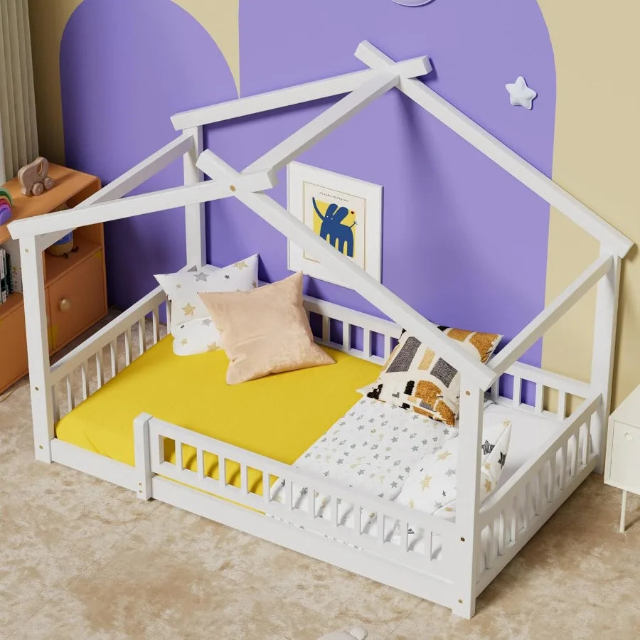 Twin House Bed with Fence Wooden Montessori Bed with Slats Support Floor Bed Frame for Boys Girls Bedroom White