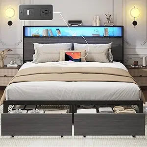 Queen Bed Frame with 2-Tier Storage Headboard, Metal Bed Frame with Storage Drawers & Built-in Charging Station & LED