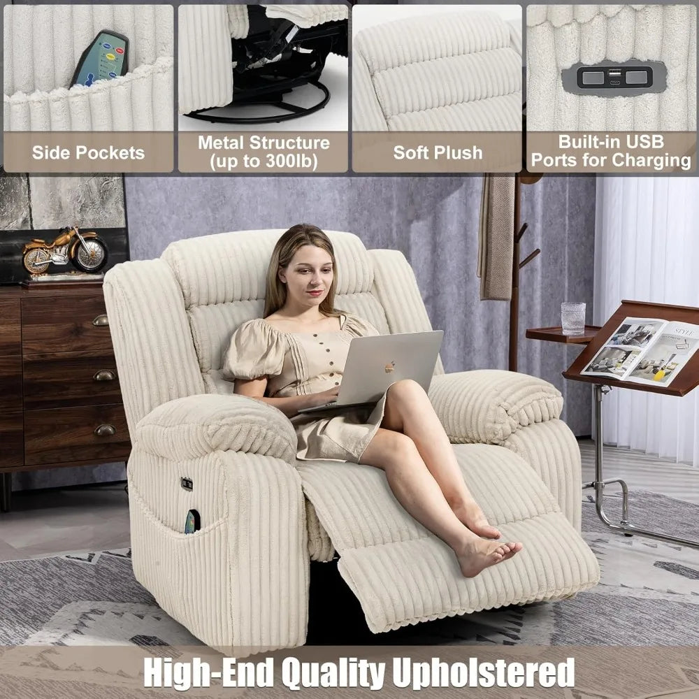 Power Swivel Rocker Recliner Chair for Adults with Massage and Heat, USB and Type-C Charging Port, Infinite Position, Electric