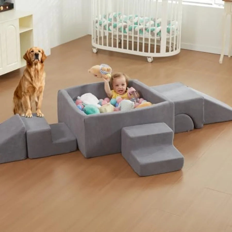 Soft Foam Climbing Blocks with Ball Pit 6PCS Grey Indoor Climbing Toys for Toddler Climb and Crawl Activity Play Set,Grey