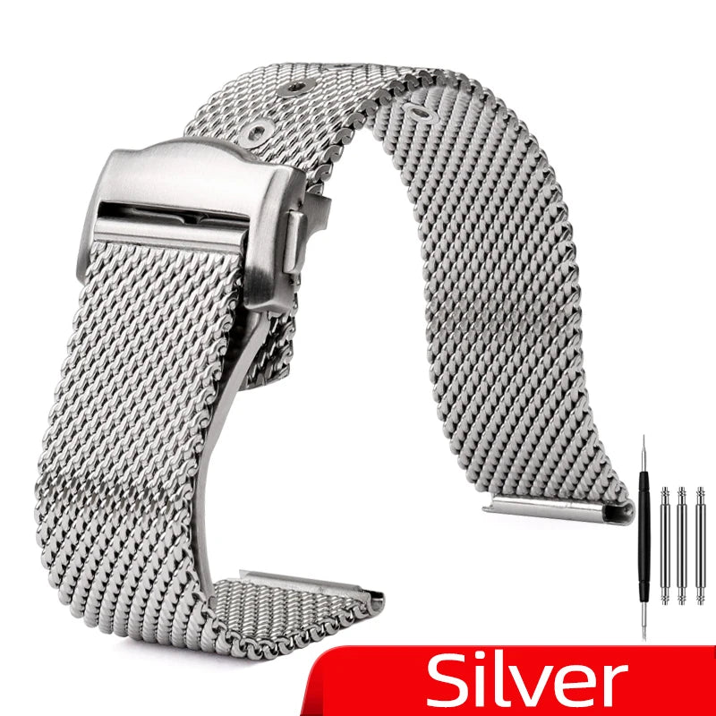 20mm Mesh Stainless Steel Watch Strap Folding Butterfly Buckle Quick Release Metal Band Man Bracelet for 007 Seamaster