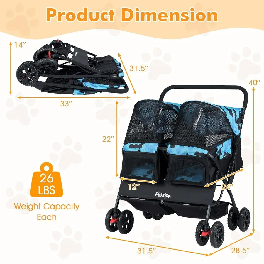 Double Pet Stroller Foldable Double Dog Stroller with 2-Seater Carrier Adjustable Sunshade Removable Pad Safety Belt Storage Ba