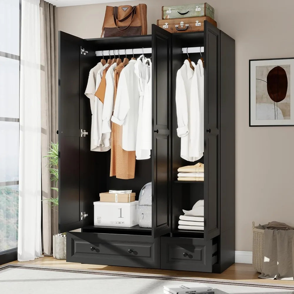 Wardrobe Closet with Drawers: 74" Black Tall Wooden Wardrobe Closet for Hanging Clothes, Large Bedroom Armoires with 2 Drawers