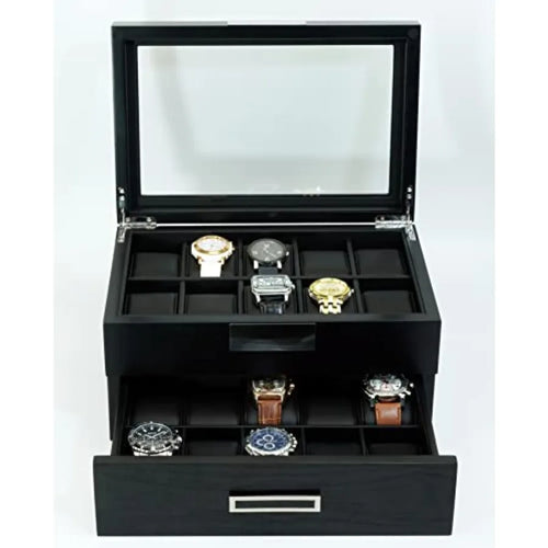20 Black Ebony Wood Watch Extra Height Box Display Case 2 Level Storage Jewelry Organizer with Glass Top Stainless Steel Accent