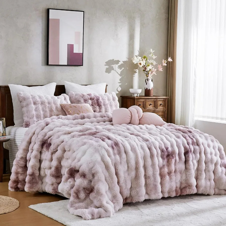 King Size 3 Pieces Fluffy Faux Rabbit Fur Bubble Comforter Set in Tie-Dye Pink Purple Warm Soft Plush Fuzzy Winter Bedding Set