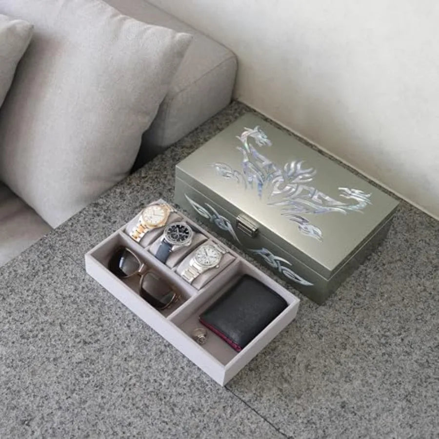 Watch Box Jewelry Organizer Daily Storage Handmade Tribal Dragon Design Metallic Silver