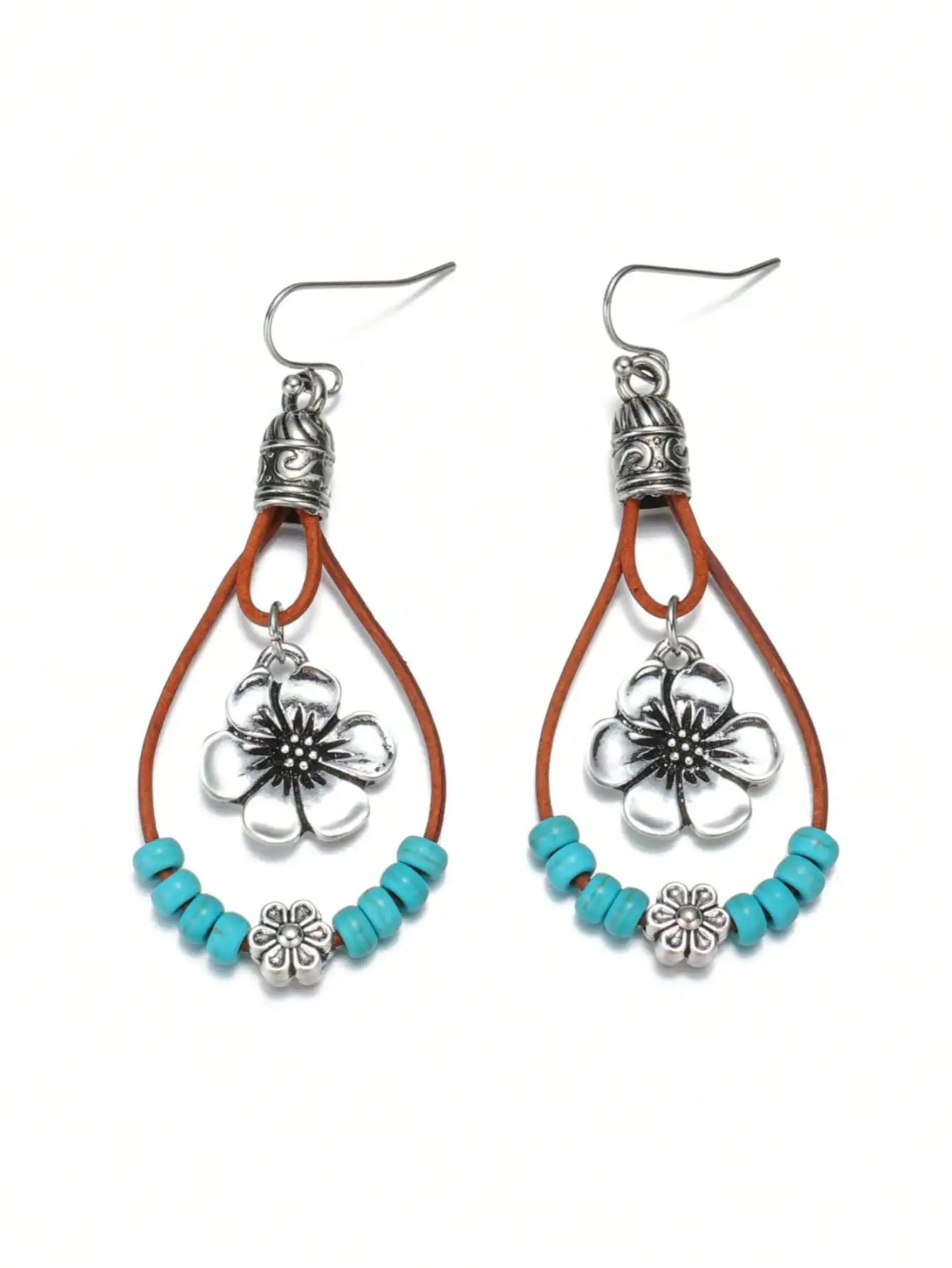 Bohemian Flower Dangle Earrings with Turquoise Beads & Leather Cord, Vintage Alloy Jewelry for Women