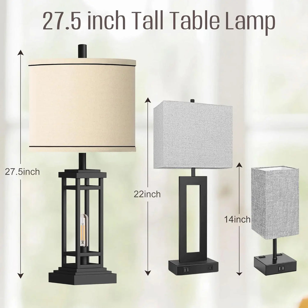 27.5" Tall Farmhouse Table Lamps Set of 2 with USB C/A Charge Ports, Rustic Industrial Black for Bedroom Living Room