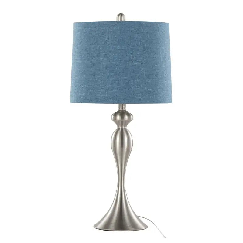 Set of 2 27" Contemporary Metal Table Lamps in Brushed Nickel with Moroccan Blue Textured Linen Shades