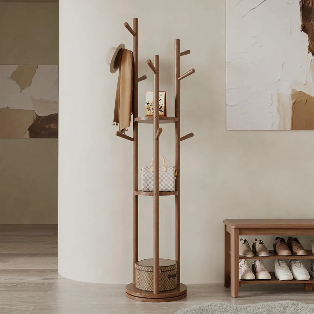 Solid Wood Rotary Coat Rack, Freestanding Coat Rack with 3 Shelves and 9 Hooks, Coat tree for Bedroom, Entryway, Livingroom