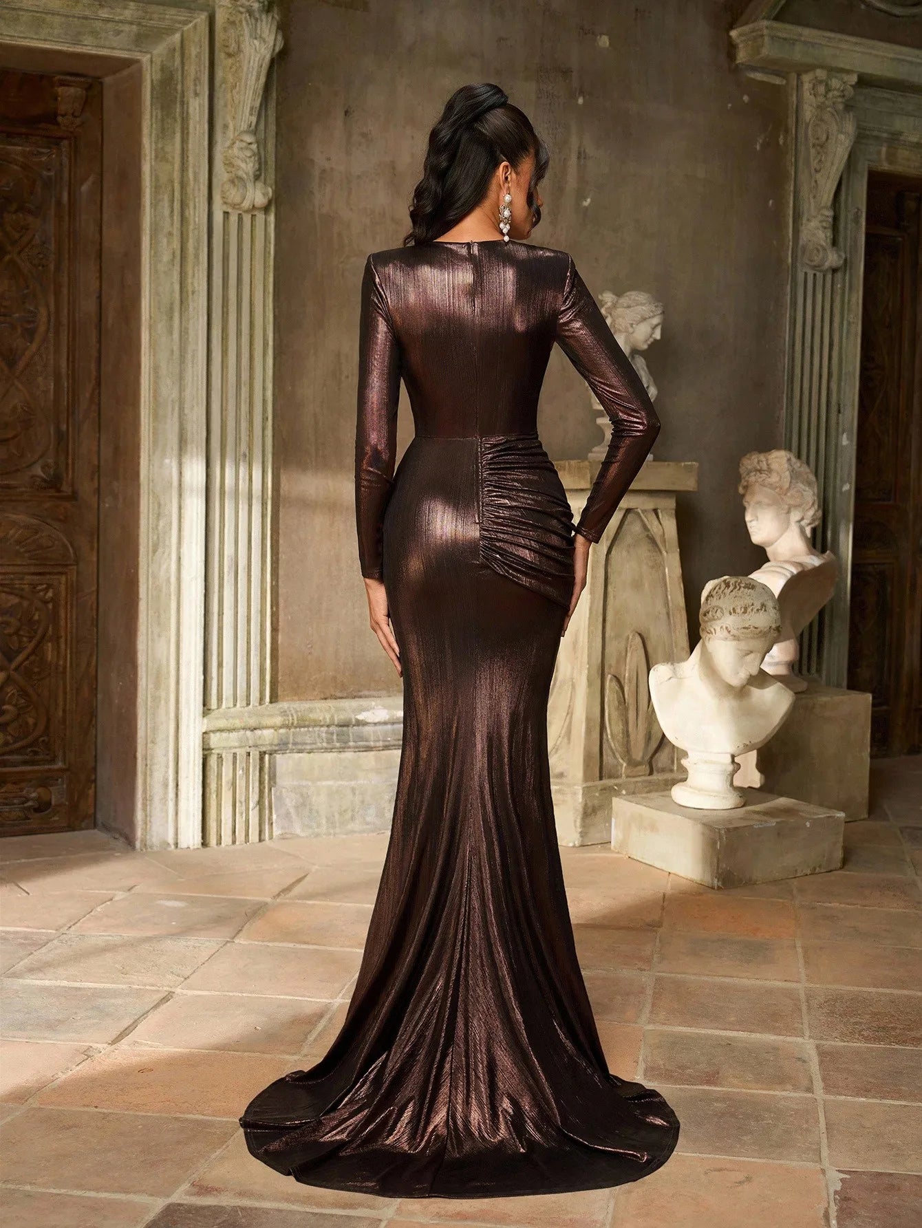 Elegant Deep Brown Metallic Long Sleeve Fishtail Evening Gown with 3D Floral Embellishments