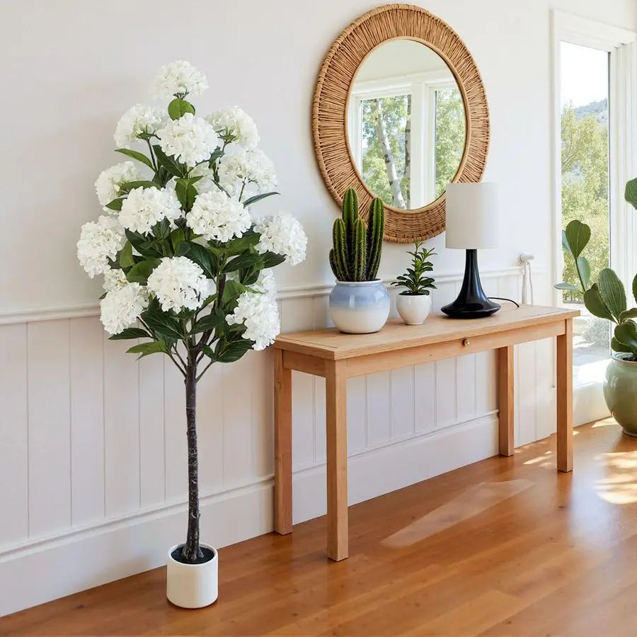 FT Artificial Hydrangea Tree Large Faux Hydrangea Plants Indoor OutdoorFake Flower Trees with White Tall Planter for Home Garden