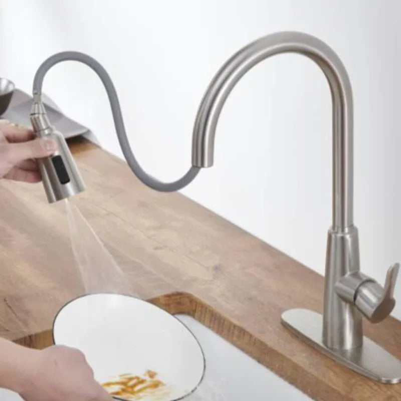 Stainless Steel High Arc Kitchen Faucet  Brushed Nickel Pull Out Sprayer 3 Way Setting Single Handle Leak Proof Sink Fixture