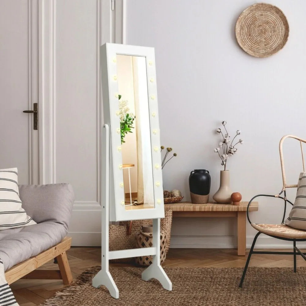 Jewelry Cabinet Armoire Storage Organizer Free Standing Full Mirror w/LED Lights