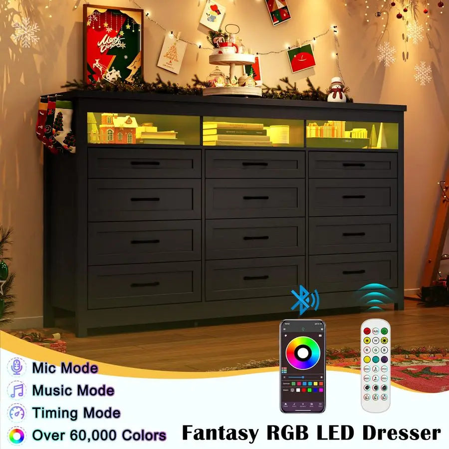 12 Drawer Dresser with LED Lights, 71 Wide Large Chest of Drawers for Bedroom, Modern Wood Dresser Storage Organizer with Charg