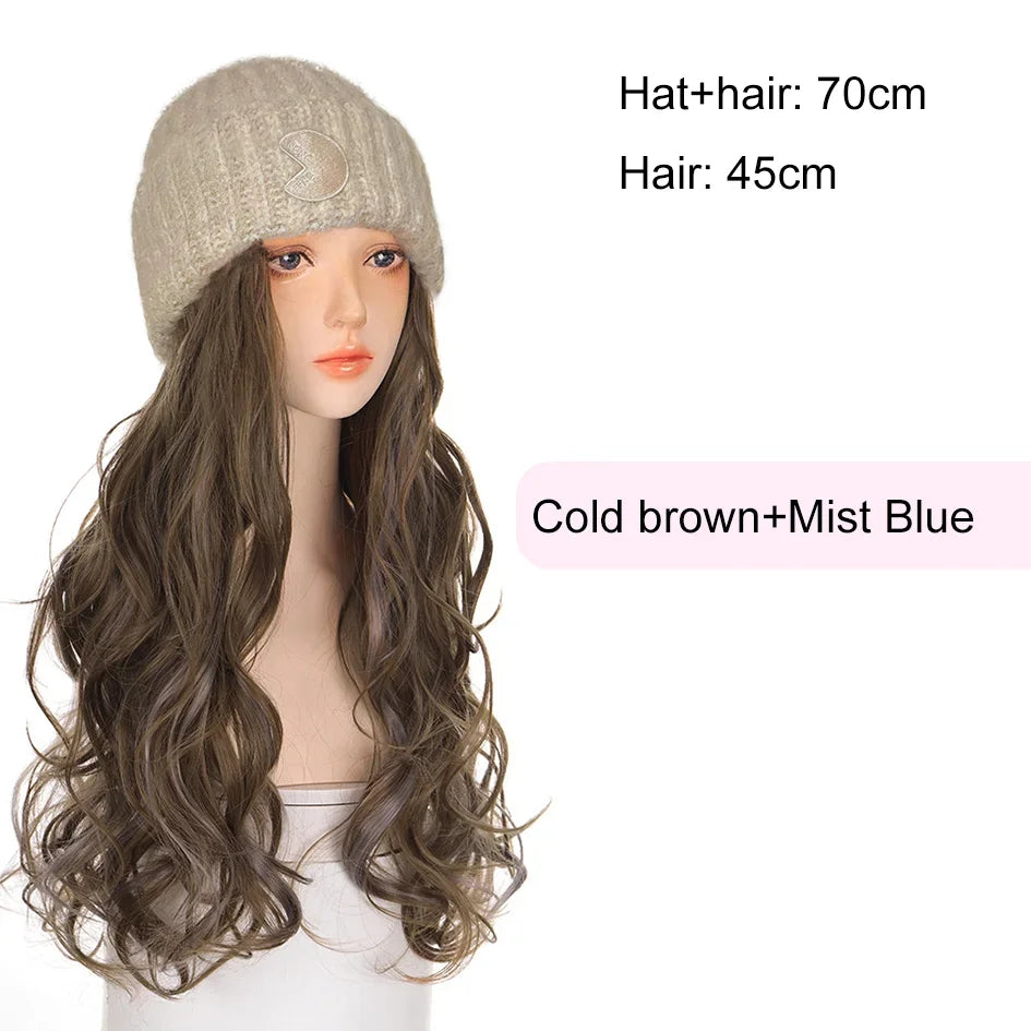 Synthetic 18 inch knitted hat with long curly hair hat wig, wavy wig, winter wig, beige/blue/coffee knitted hat Christmas outfit