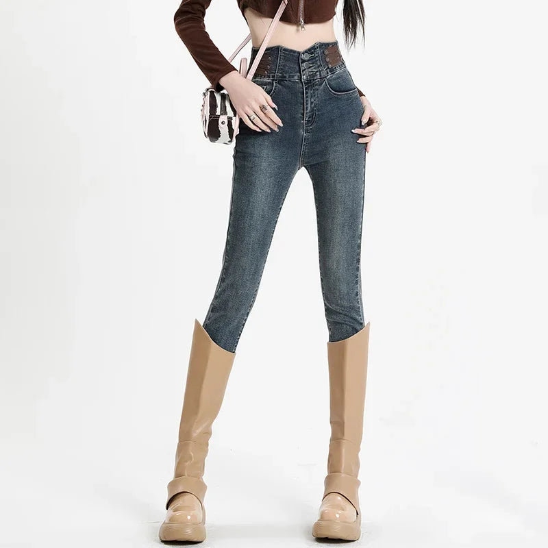 Winter Warm Jeans Women's Fleece Thickened Stretch Skinny Pencil Pants High Waist Slim Fashion Korean velvet Jeans Black Blue