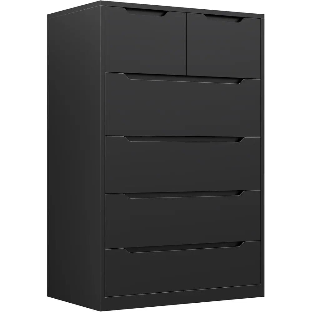 Contemporary Black Wooden 6-Drawer Dresser for Bedroom, Living Room, and Hallway, 43.2H x 27.6W x 15.6D