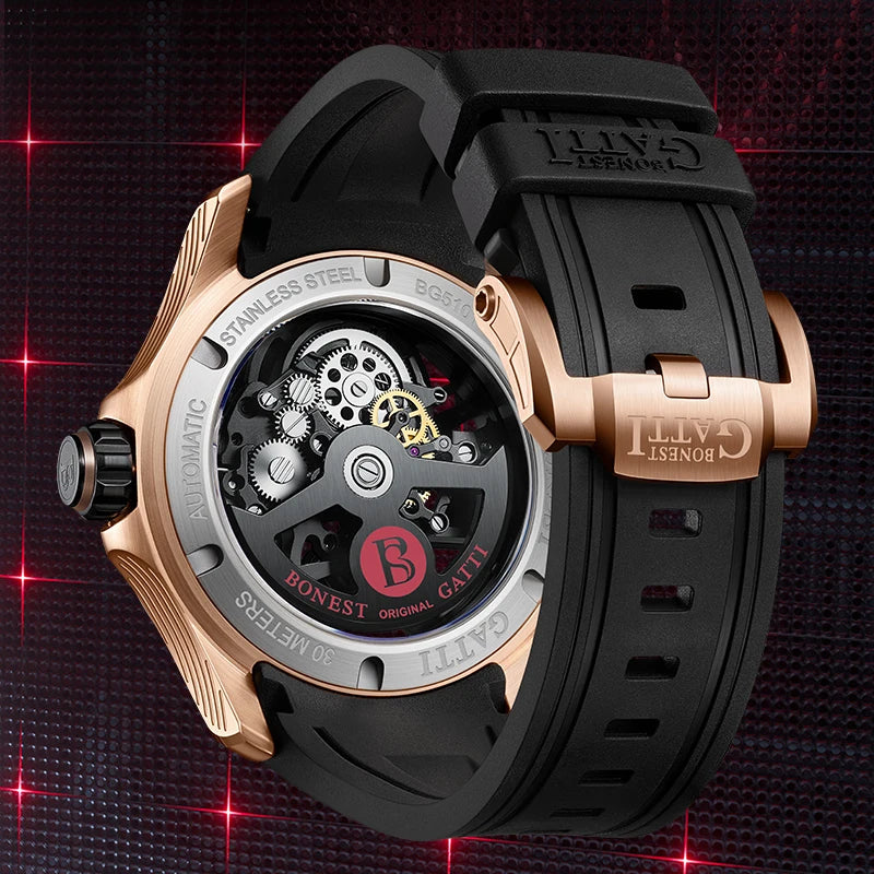 BONEST GATTI men's watch Valentine's Day gift for your boyfriend: Men's automatic skeleton watch Luminous watch