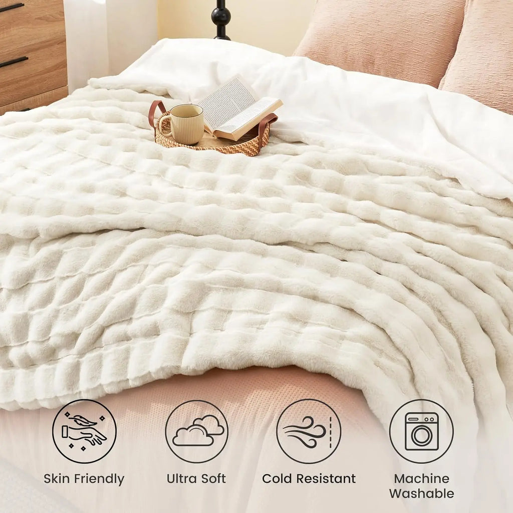 Queen Size Fluffy Faux Fur Blanket, Soft Striped Plush Throw for Bed or Couch, Cream White 90x90 Inches