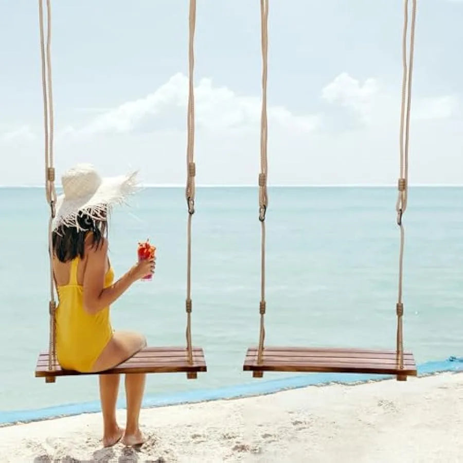 2 Pcs Wood Swing Seat Carbonized Hanging Tree Swing Adjustable Anticorrosive Waterproof Wooden Swing 440lbs Load Indoor Outdoor