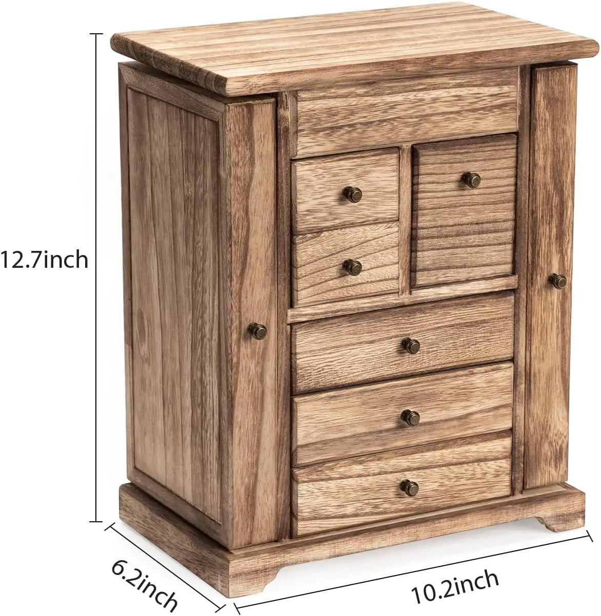 Rustic Wooden Jewelry Box for Women, 6-Layer Organizer with Mirror & Drawers, Carbonized Black