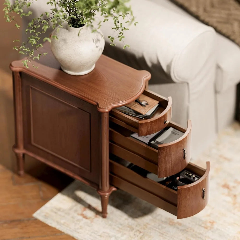 Vintage 3-Drawer Nightstand with Charging Station and Antique-Style Hardware, Pre-Assembled Rustic Wood Finish