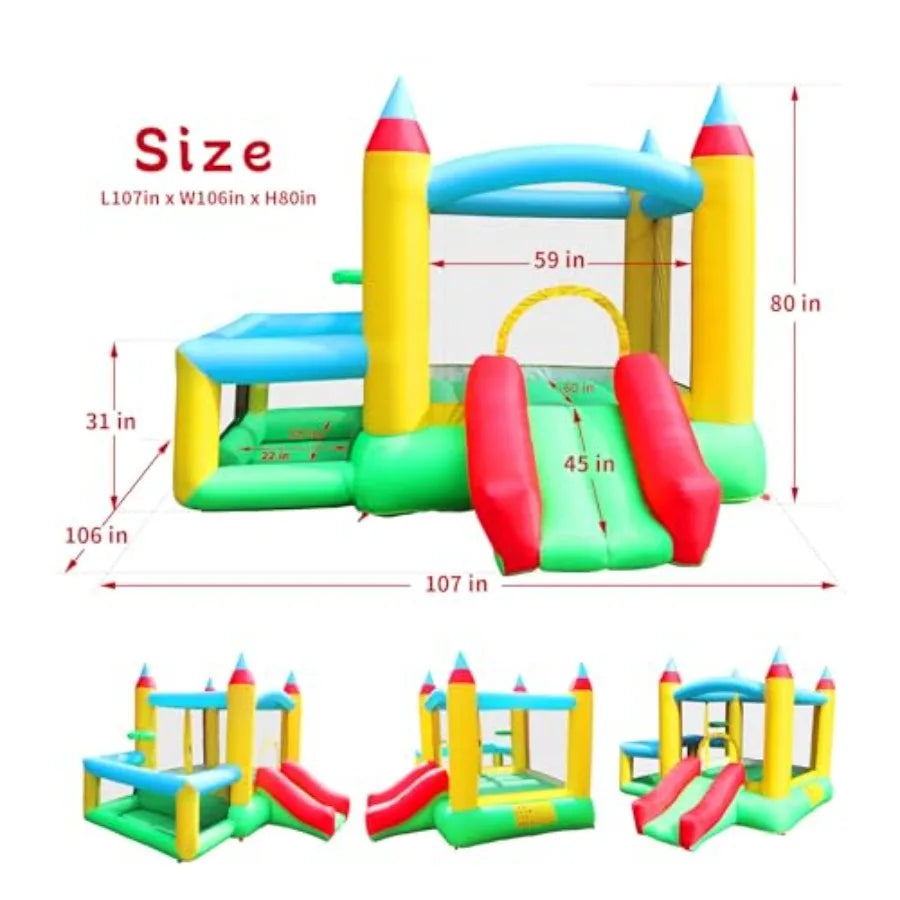Inflatable Bounce House with Slide 107x106x80 Inch Jumping Castle with Blower and Ball Pool Basketball Game