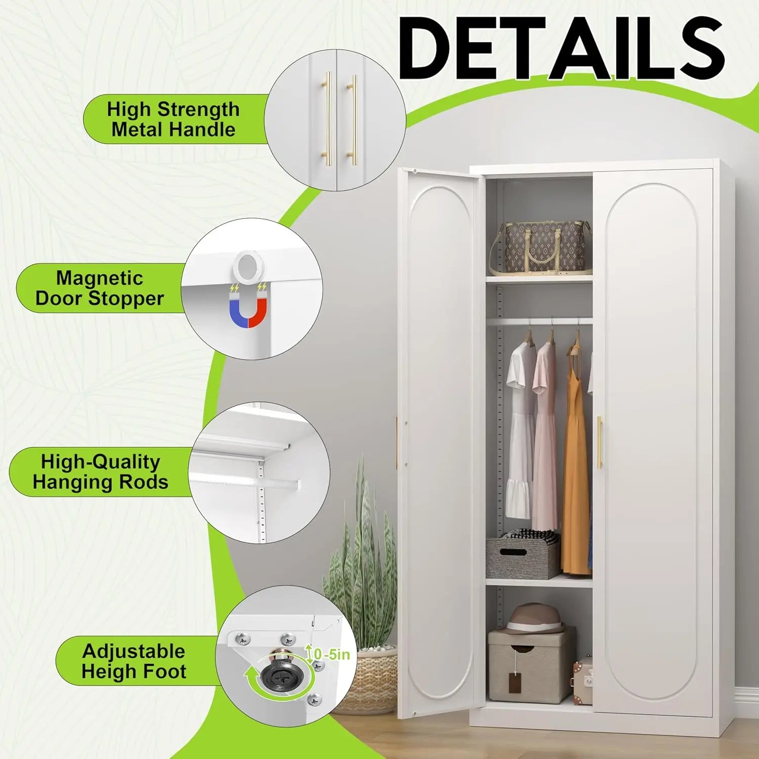 71' White Wardrobe with Doors, Hanging Rod & 2 Adjustable Shelves