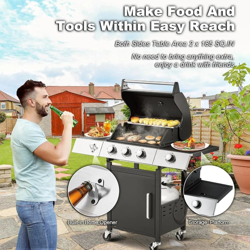 Stainless Steel 36,000 BTU Propane Grill with 3 Burners, Cast Iron Grates, and Side Shelf BBQ Barbecue