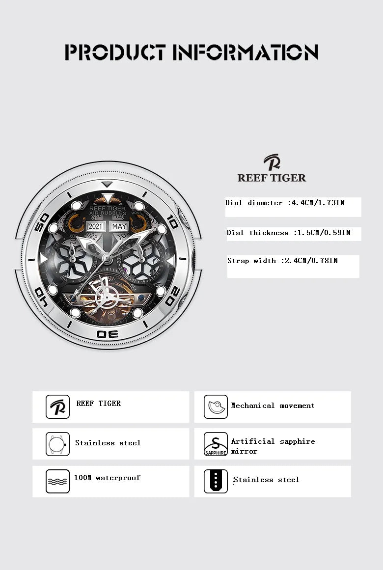 【REEF TIGER】 Men's watch with pure skeleton tourbillon, imported fully automatic mechanical watch for men