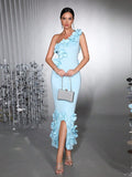 Elegant 3D Floral One-Shoulder Fitted Evening Dress for Wedding Guest Party Formal Occasion