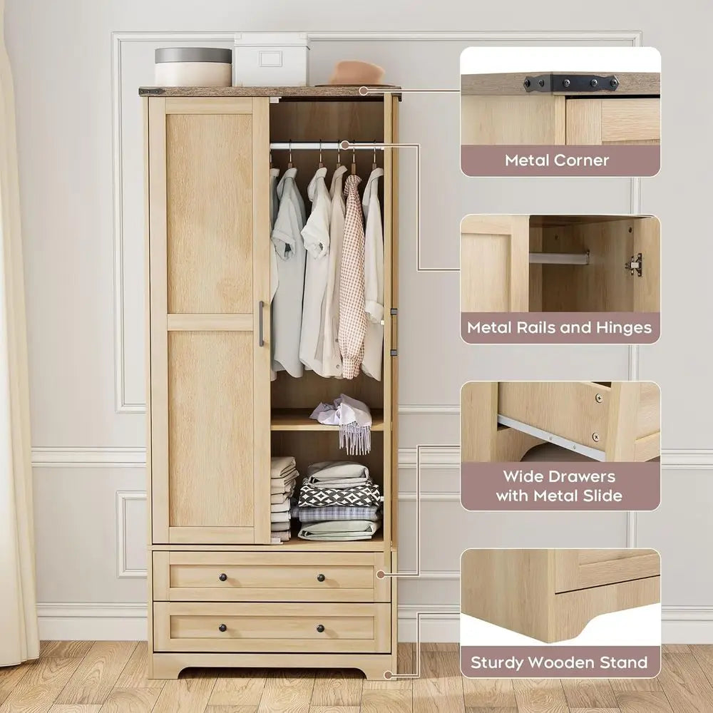Armoire Wardrobe Closet with 2 Modern Doors Set of 2, 71" Tall Freestanding Closet Wardrobe Cabinet with Drawers and,Customized