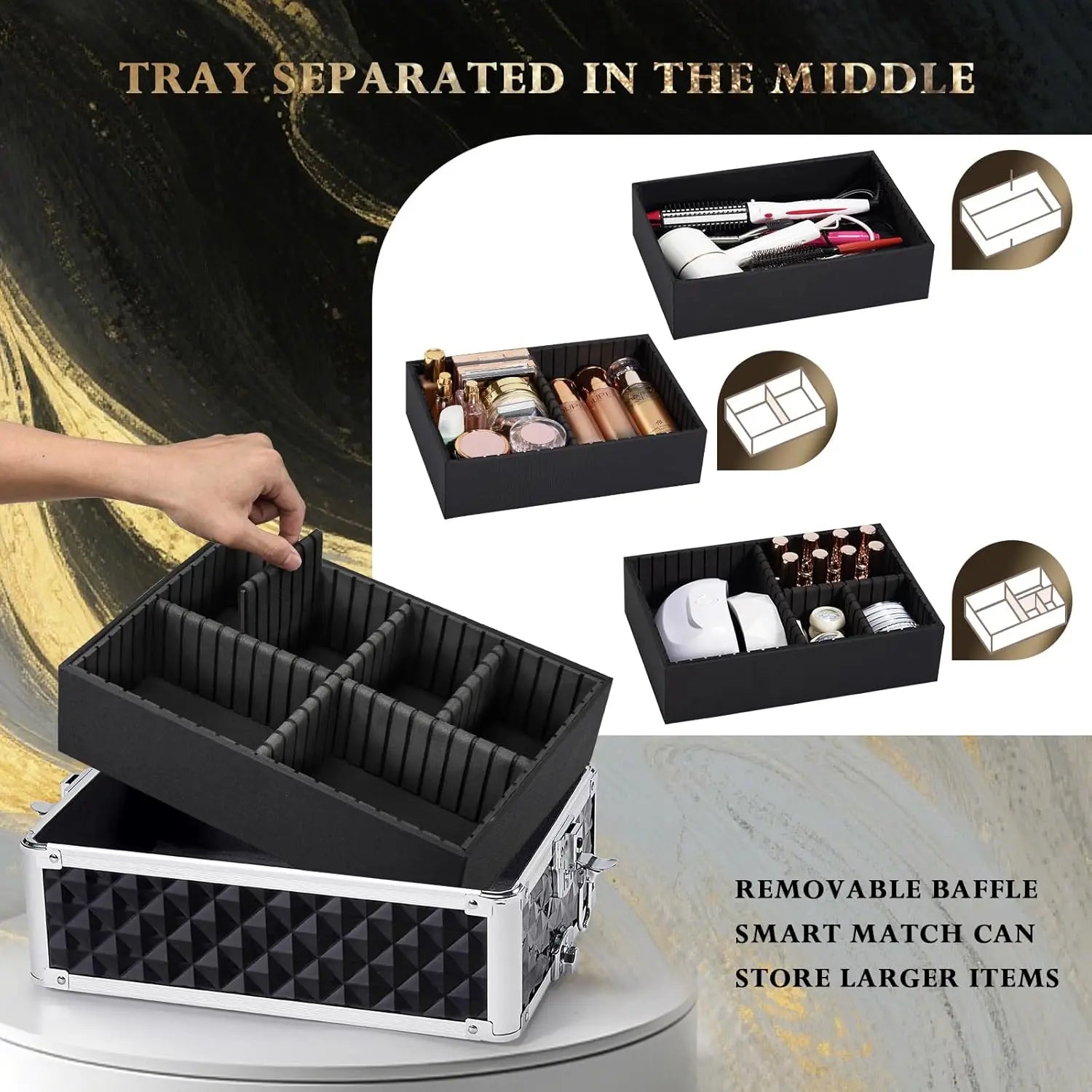 Large Rolling Makeup Case with Swivel Wheels, 4-in-1 Cosmetic Organizer for Travel and Salon Storage