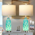 26" Peacock Green Glass Table Lamps Set of 2 with USB Ports, AC Outlet & Night Light for Bedroom Living Room