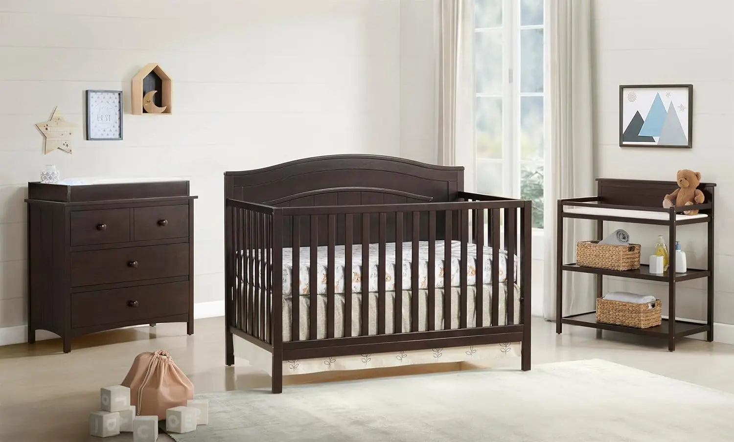 4-in-1 Convertible Crib, Espresso Brown Finish, Greenguard Gold Certified Baby Crib to Toddler Bed Conversion