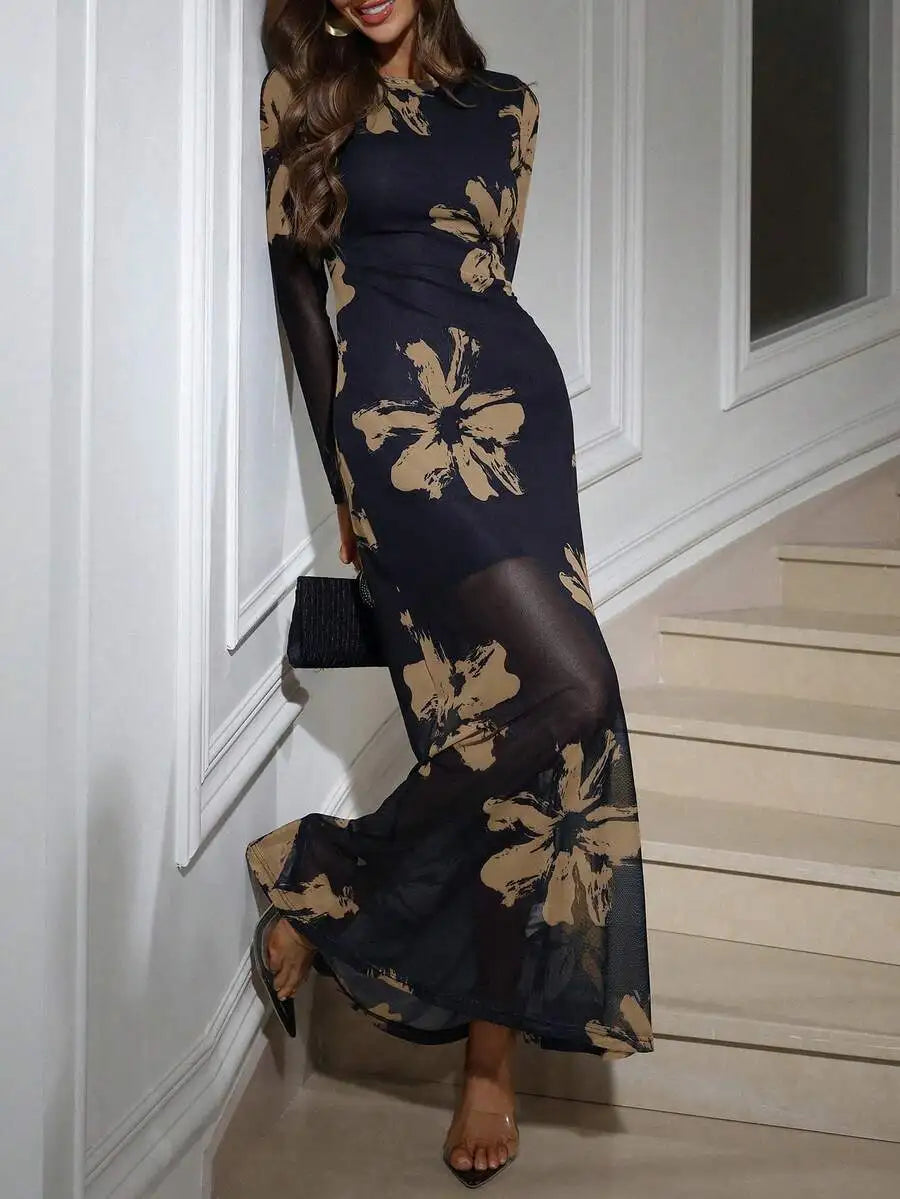 Aveloria Modichic Brush Stroke & Floral Print Mesh Bodycon Waist Cinched Long Sleeve Dress For Women Dresses For Women Elegant 