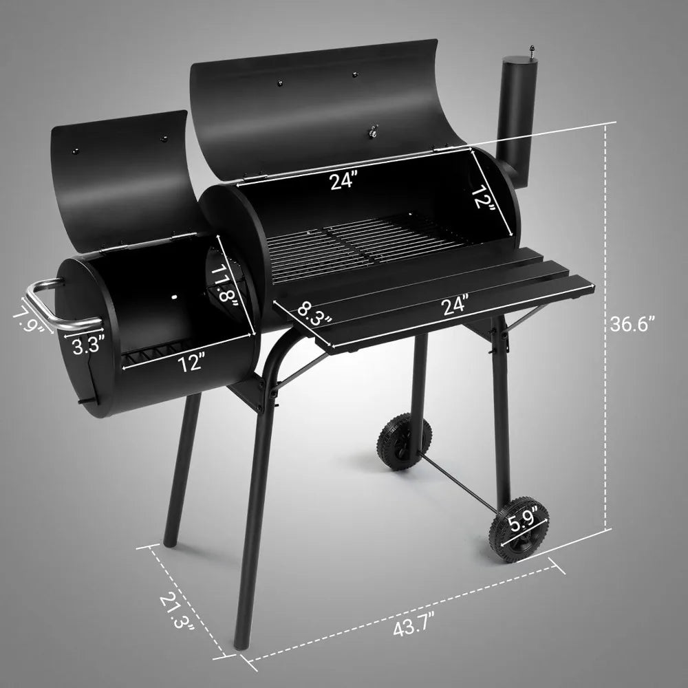 Large Outdoor BBQ Smoker Grill with Offset Smoker and Wheels for Backyard and Patio Parties