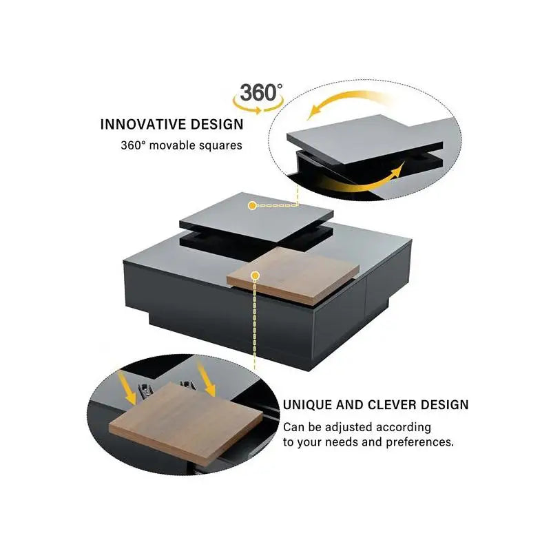 Modern Square Coffee Table with High Gloss Finish, Movable Design, 4 Hidden Storage Drawers for Living Room
