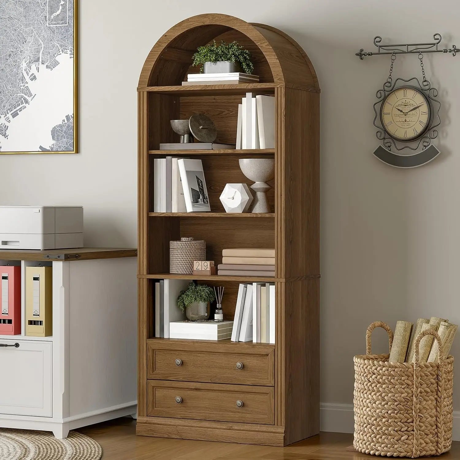 Farmhouse Arched Bookshelf, 7 Tiers Arch Bookcase with 2 Spacious Drawers, Modern Book Shelf with Open Display, Customized