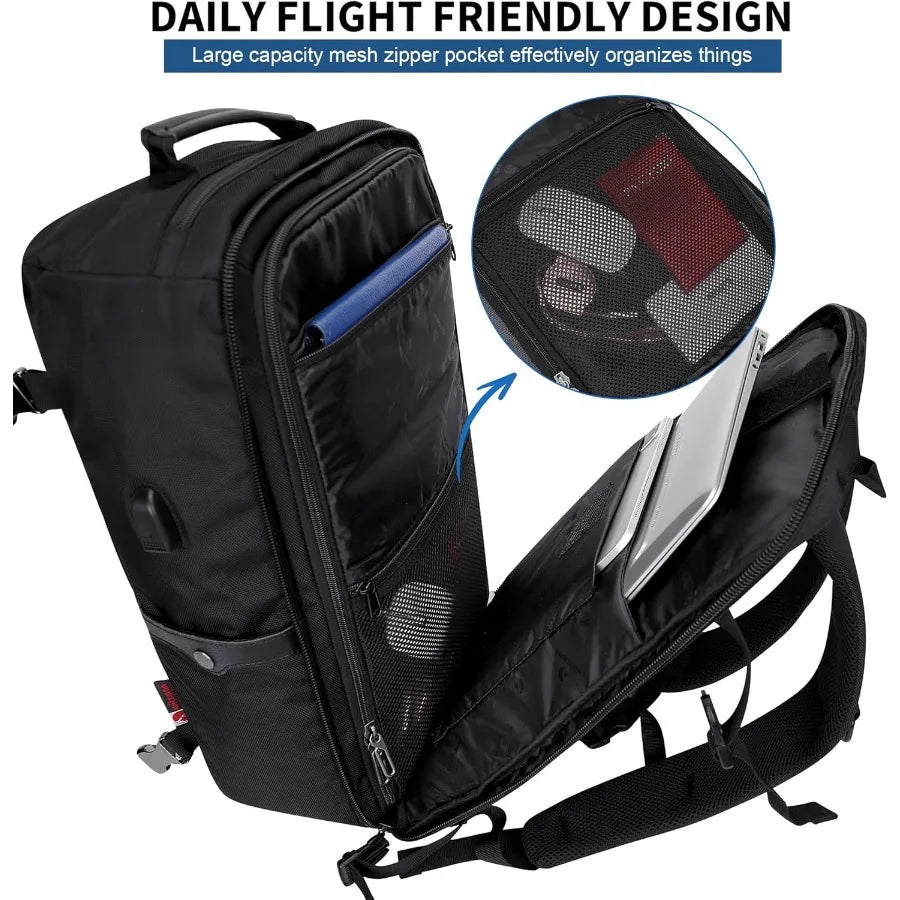 WITZMAN Travel Backpack for Men Women Laptop Backpack with USB Charging Port Carry-on Luggage Flight Approved B686 Black