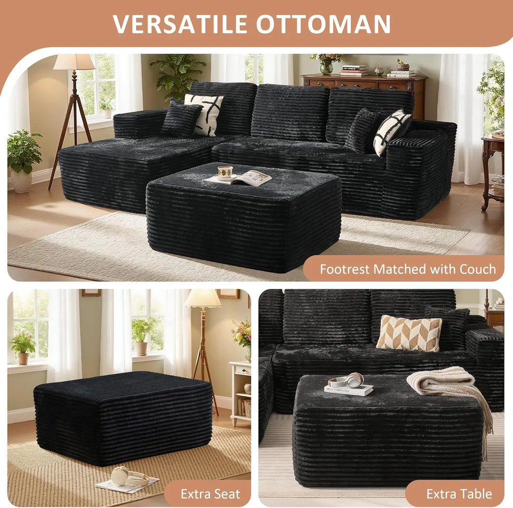37.1' Plush Corduroy Ottoman for Couch, Black, No Assembly