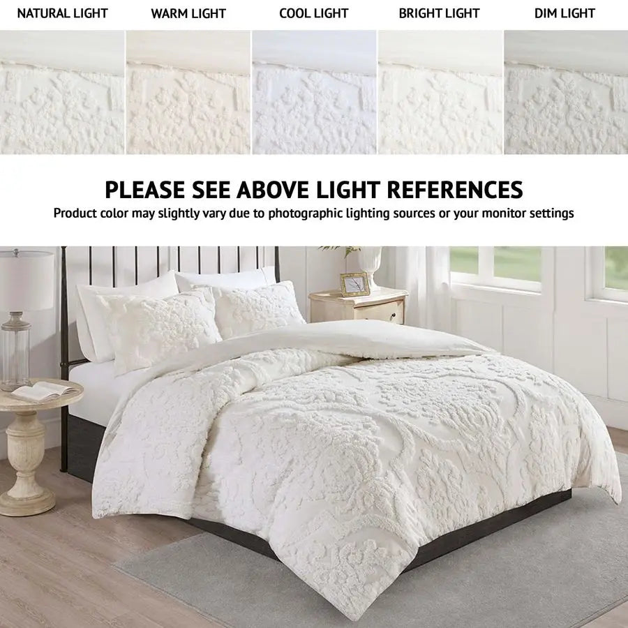 Tufted Chenille 100 Cotton Duvet Modern Luxe All Season Comforter Cover Bed Set with Matching Shams, King Cal King104x92, Damask